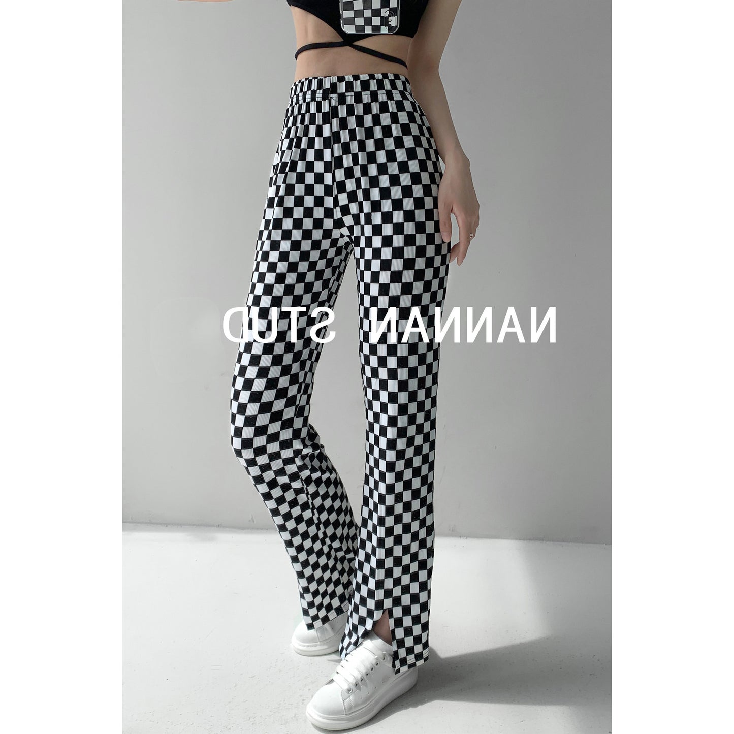 Style hot girl plaid lace-up pants loose casual drape wide-footed black and white checkerboard split trousers