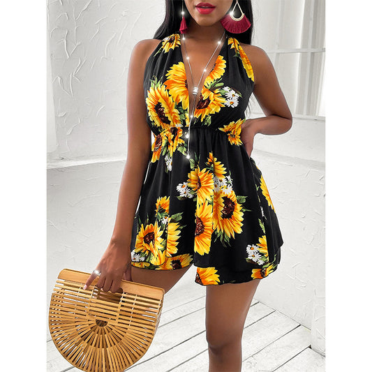 2021 summer foreign trade new style eBay Amazon Europe and America cross-border women's sunflower V-neck open back casual dress