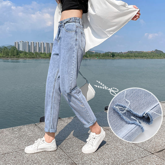 High waist hole jeans female loose nine minutes, 2021 new slim radish old man straight small children