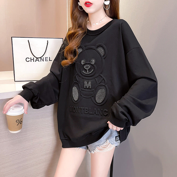 2021 autumn new Korean version of the hundred long design sexy small loose round neck fashion hot drilling women