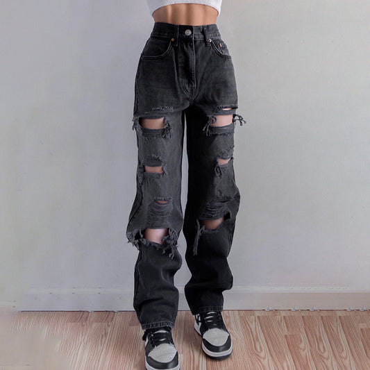 Cross-border street style women's clothing 2021 autumn and winter high waist ripped raw edge loose straight-leg pants washed black denim trousers