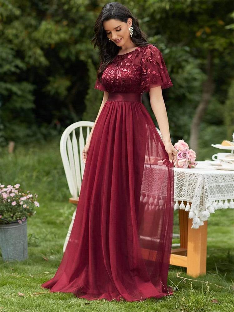 2023 quality spring and autumn European and American cross-border elastic waist splicing round neck party big A swing mesh evening dress for women