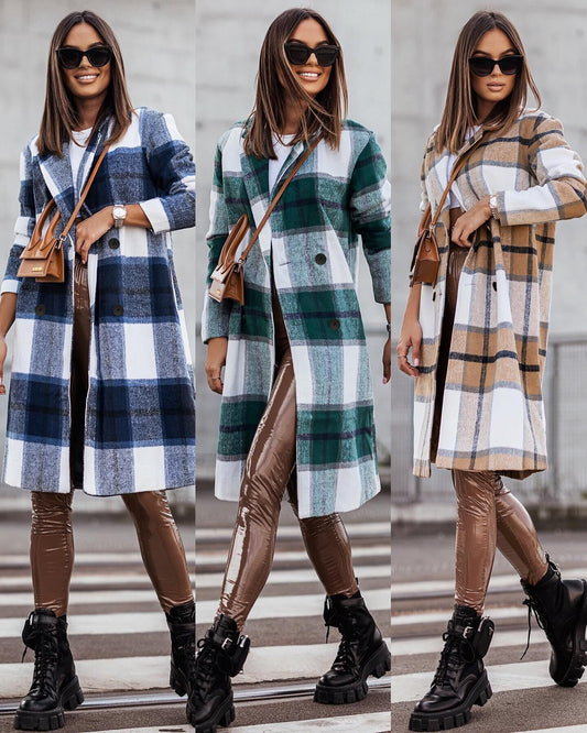 2022 cross-border foreign trade autumn and winter new women's fashion casual long woolen plaid windbreaker coat