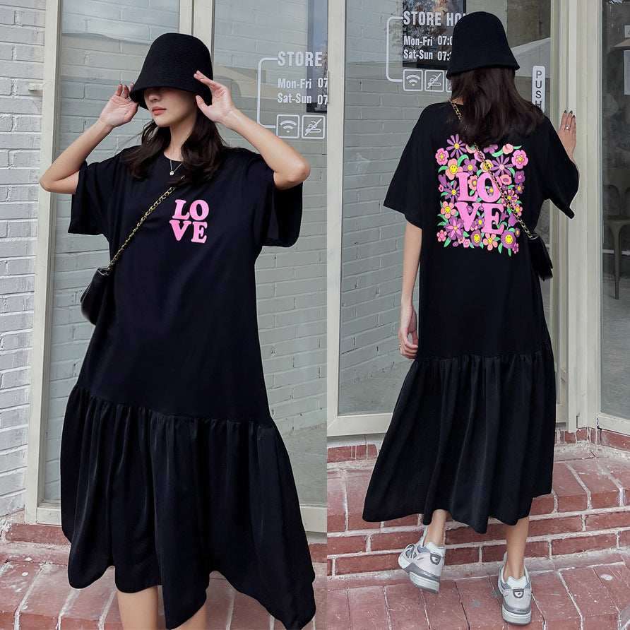 Large size women's 2021 spring and summer new fat mm loose T-shirt splicing skirt short-sleeved dress full knee T-shirt