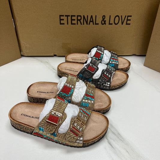 Arrival 2022 foreign trade new retro ethnic style gold buckle point drill decoration hollow open-toe women's slippers