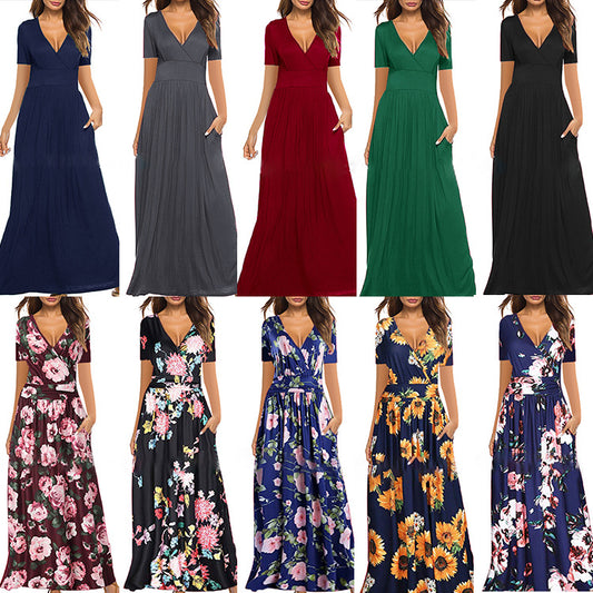 Amazon Wish Ebay2021 Summer New Women's Printed Sling Temperament V Leader Pocket Dress Long Skirt