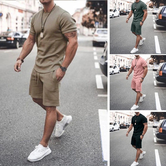 Cross-border 2021 men's solid color summer European and American short-sleeved shorts suit foreign trade men's sports casual suit spot