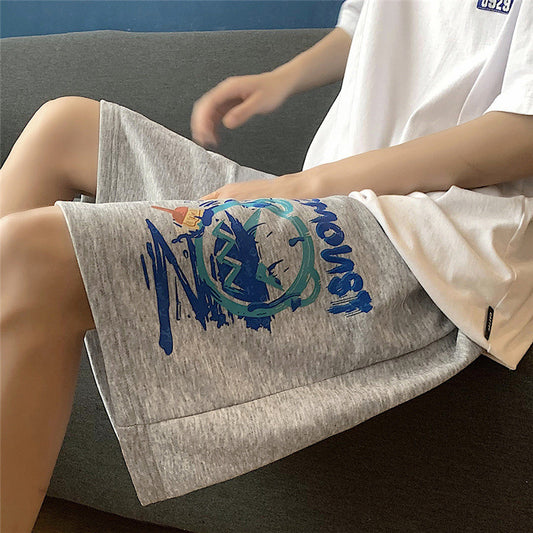 Summer graffiti casual shorts men's trend loose straight flour five pants port wind tide high street hip hop tide card