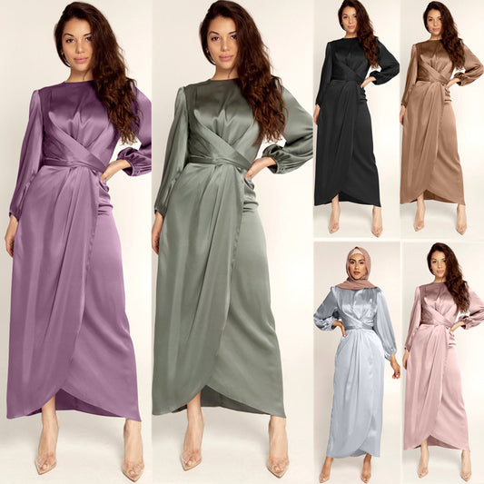 Feminine tunic dress, European and American Dubai satin dress GH0068