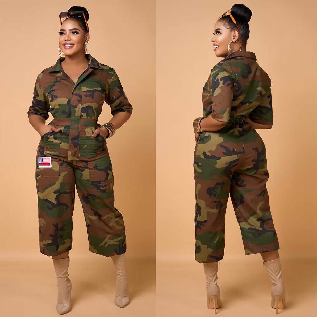 2023 New Fashion European and American Camouflage Print Pocket Lapel Jumpsuit