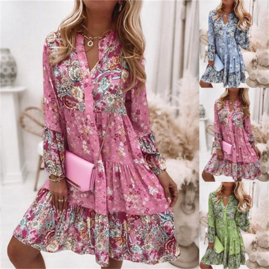 2023 cross-border spring/summer new women's print panel short skirt hot sale layered mini dress spot real shot