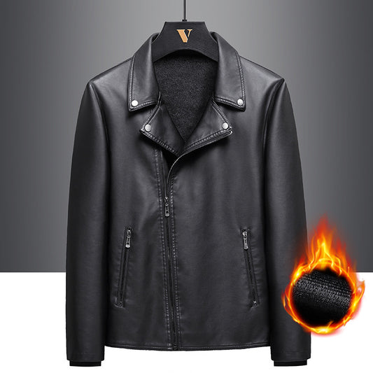 2021 plus velvet thick PU leather jacket male autumn and winter repair Korean version of black handsome locomotive lapel short coat