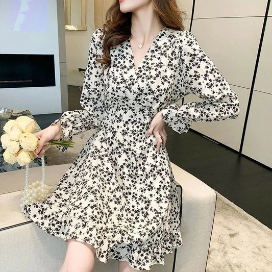 Small chiffon long sleeve dress spring autumn 2023 new hot sale plus size women's temperament v neck midi skirt