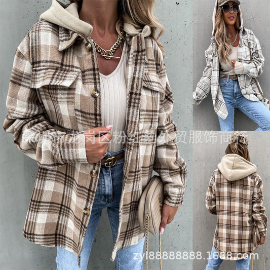 2023 Winter Women's Coat Fashion Hooded (Detachable) Woolen Plaid Coat