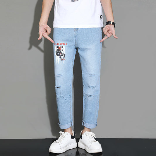 2021 youth wild original print hole jeans men's casual Korean version of the trend loose straight nine pants