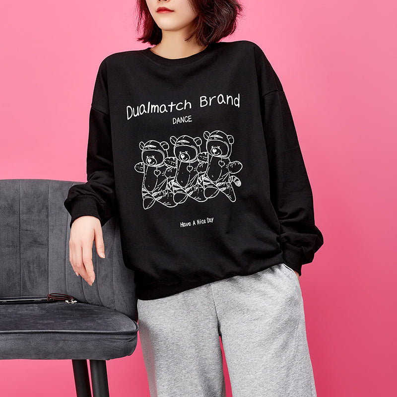 Women's 2021 autumn three bear printed sweater women's sleepers set round neck Korean loose sweater A8810