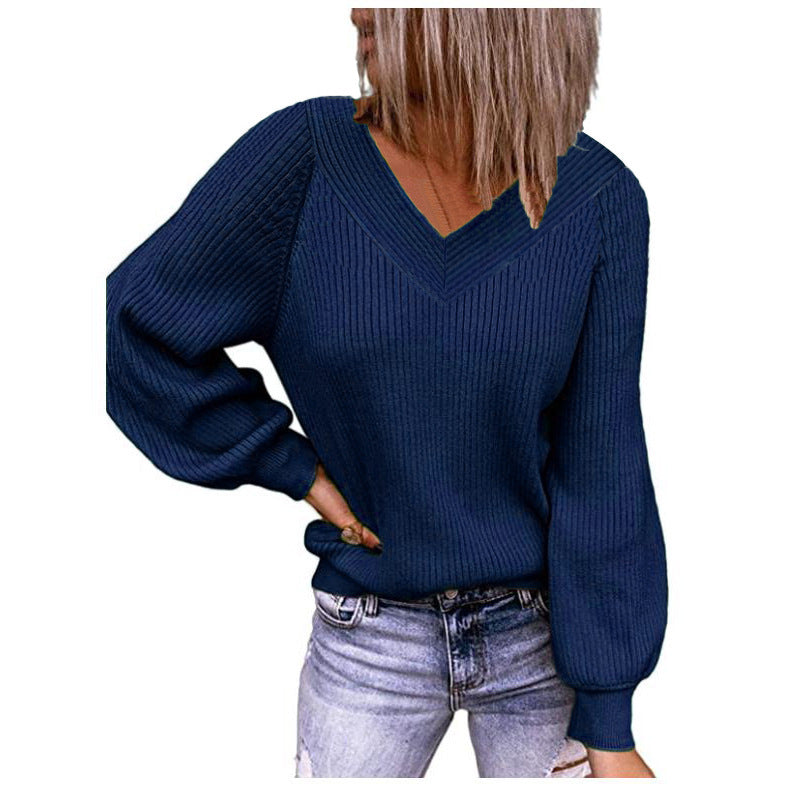 Long-sleeved sweater jacket 2021 European and autumn and winter new ladies autumn and winter solid color loose V-neck jacket top