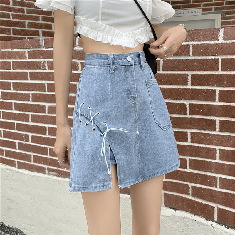 Tied cowboy pork hot girl half-length short skirt women's design sexy 2021 summer high waist slim A-character skirt