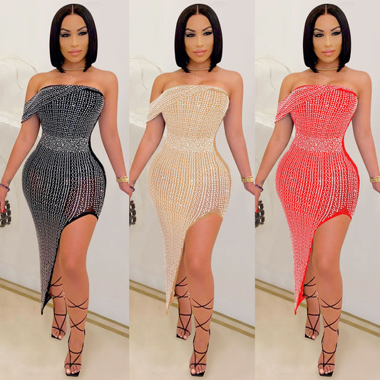 X5046 Cross-border Amazon Seller European and American evening dress hot drill mesh wrapped chest irregular women's dress