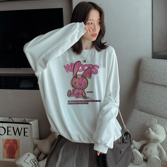 White pure cotton round lead clothing female autumn and winter new 2021 new loose Korean print long-sleeved bottoming top