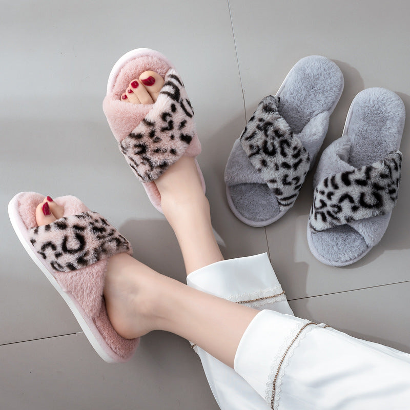 New cross-border home leopard cross gross slippers female European and American INS wind profile plush floor cotton slippers female