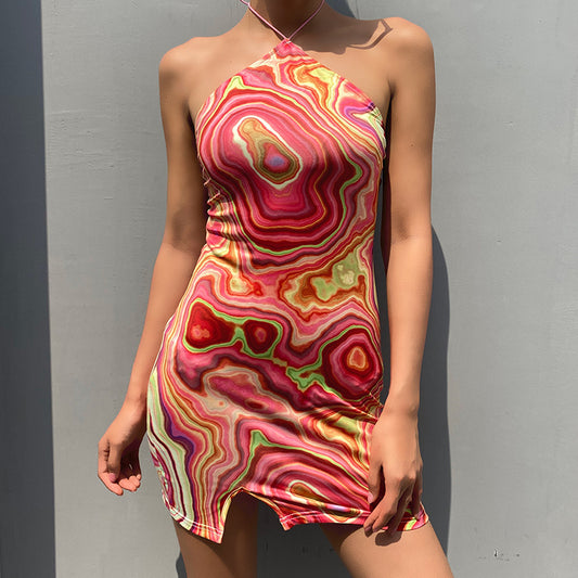 Self-built station women's 2021 summer European style fashion women's new swirl print hanging neck back dress skirt