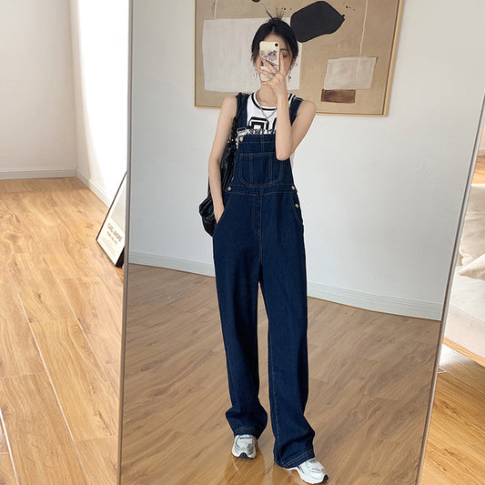 Dark blue denim straps pants female 2021 autumn new Korean version of high waist loose age-fashioned drag cowboy tape pants