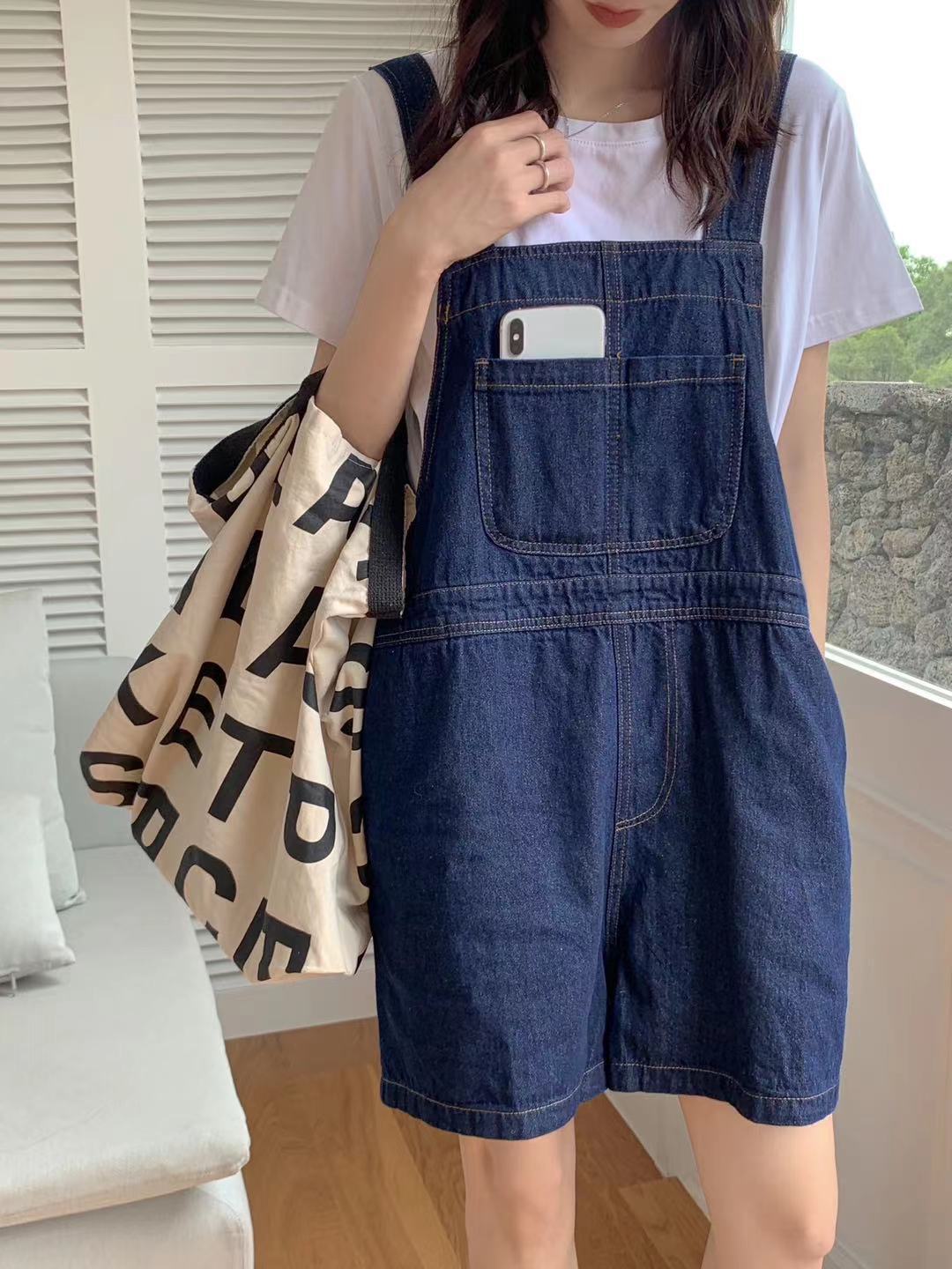 Summer new Korean version of simple dark blue loose wide leg women's denim straps short pants tide