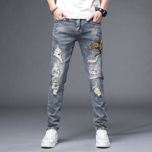 2021 spring and summer denim pants men's long pants tide card embroidery trend stretch casual small foot print flower jeans male