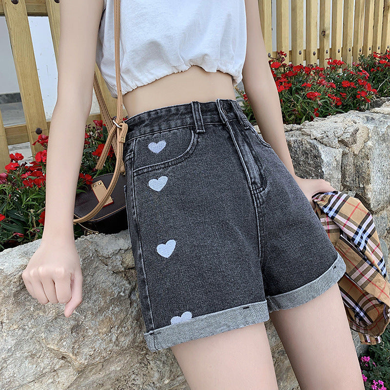 Love high waist slime denim short pants female light 2021 summer new Korean straight loose wide harsh hot pants tide