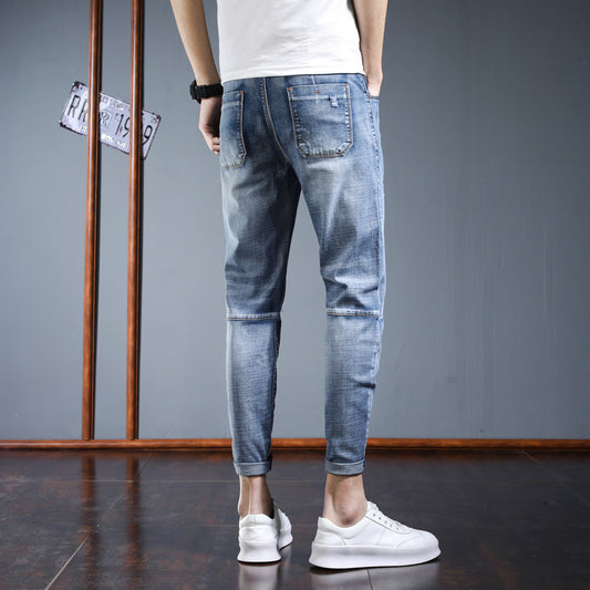 2021 autumn and winter new Korean version of the hip hop trend men's loose comfortable micro-elastic foot nine points denim pants