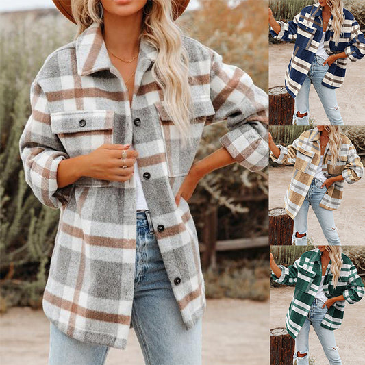 Women's clothing 2021 autumn and winter new plaid button shirt flannel woolen coat coat