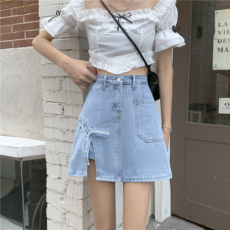 Tied cowboy pork hot girl half-length short skirt women's design sexy 2021 summer high waist slim A-character skirt