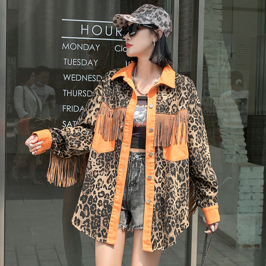 2022 spring new Thailand tide brand fashion jacket leopard print shirt tassel color matching casual