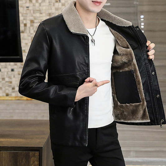 Casual leather men's spring and autumn, winter 2021 new handsome lapel jacket plus velvet thick paragraph warm and handsome jacket