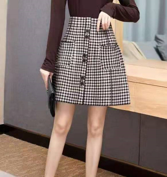 2021 autumn and winter new thousand birds skirt high waist short loose A word skirt knit pleated skirt female