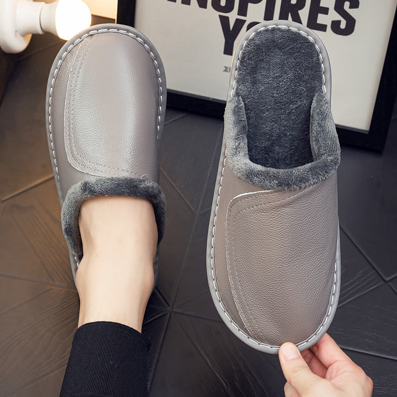 Winter home leather leather slippers female men couple indoor thickening plus velvet home warm slippers wholesale