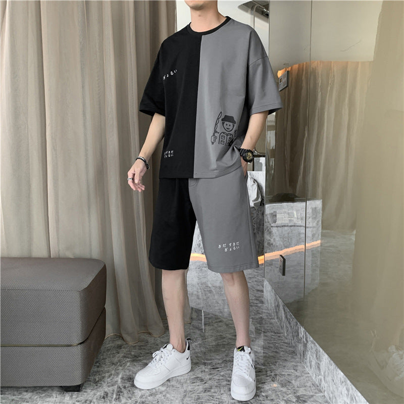 2021 men's summer short-sleeved men's daily sports teen Korean version of T-shirt shorts men's Korean casual set men