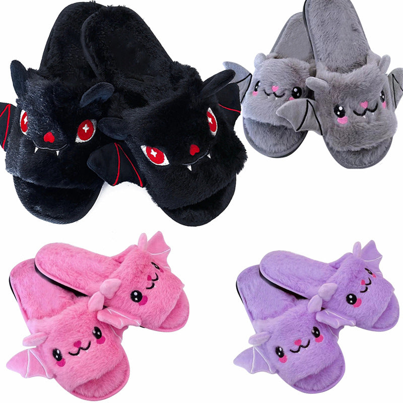 Women Halloween Pumpkin Slippers Fuzzy Demon Slippers Soft Plush Bat Slippers for Indoor Outdoor