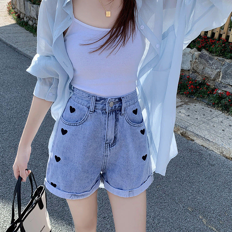 Love high waist slime denim short pants female light 2021 summer new Korean straight loose wide harsh hot pants tide