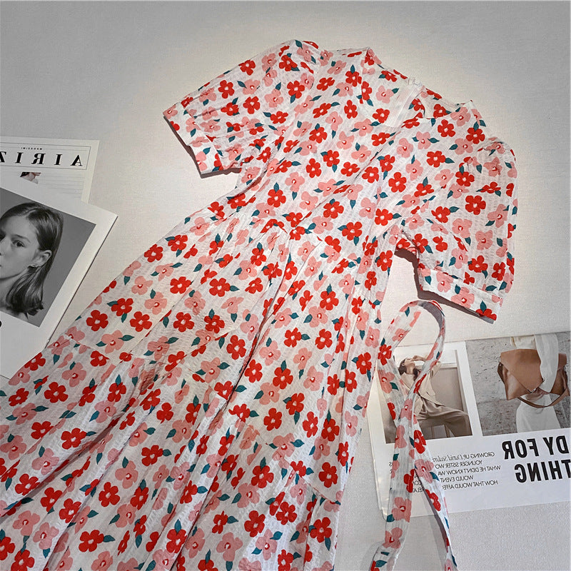 Crushed bubble sleeve dress 2021 summer new Korean version of loose long decision-style belt temperament dress children