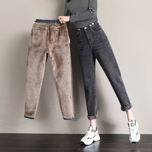 2021 autumn new jeans female loose high waist slim thin versatile force tight waist radish hanny pants