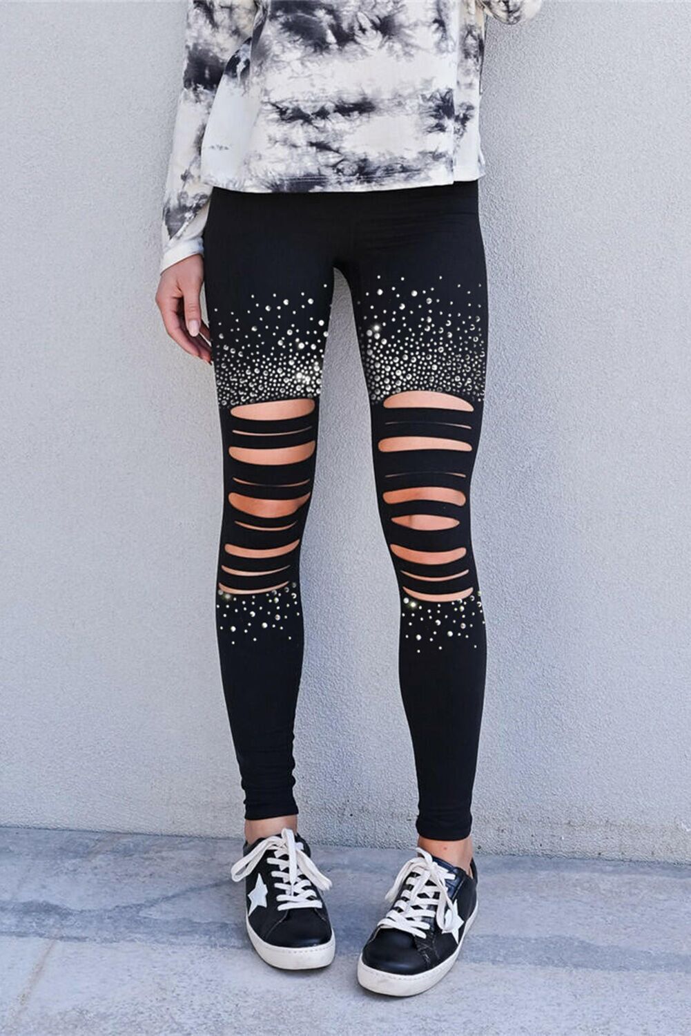 Spring and Autumn New Black Leggings Women's High Waist Hole Diamond Decoration Waist Casual Pants Women