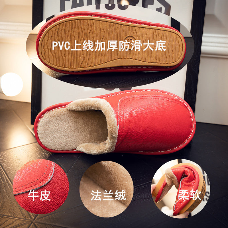 Winter home leather leather slippers female men couple indoor thickening plus velvet home warm slippers wholesale