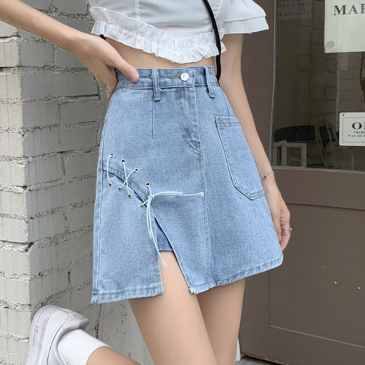 Tied cowboy pork hot girl half-length short skirt women's design sexy 2021 summer high waist slim A-character skirt