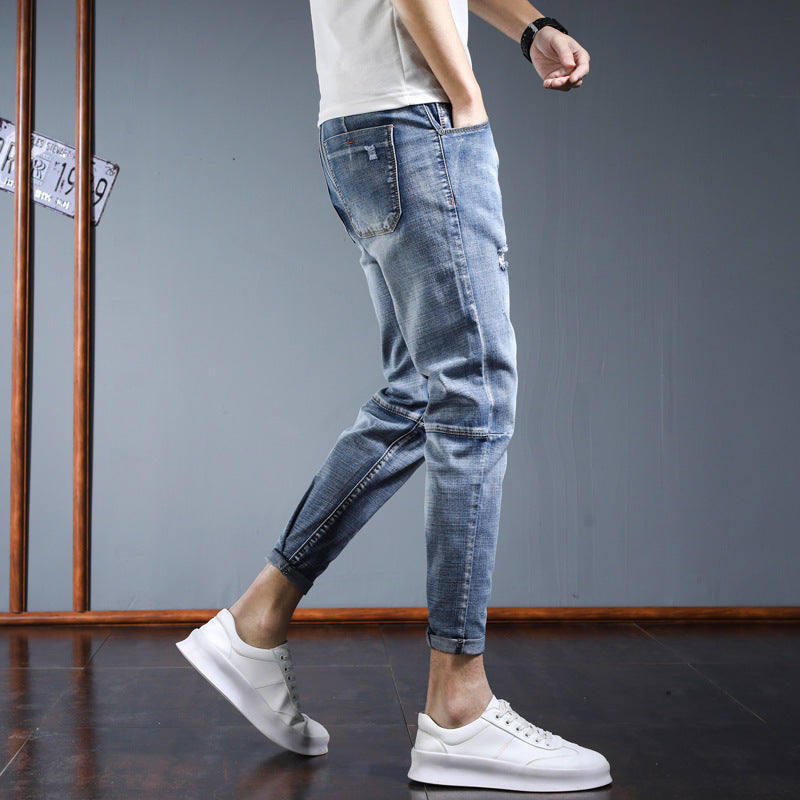 2021 autumn and winter new Korean version of the hip hop trend men's loose comfortable micro-elastic foot nine points denim pants