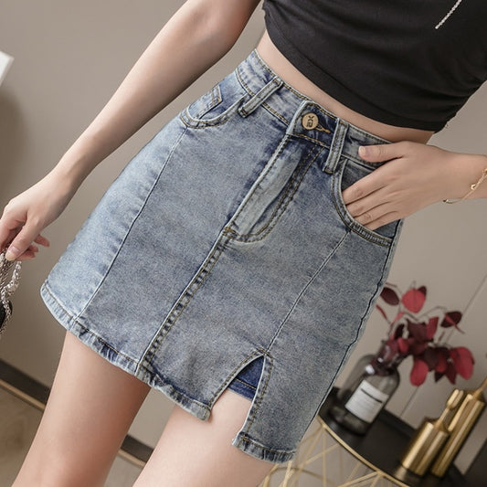 Cowboy half-length skirt female summer thin 2021 new high waist anti-lighting net red A word short pants skirt open bag hip skirt