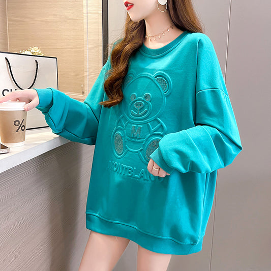 2021 autumn new Korean version of the hundred long design sexy small loose round neck fashion hot drilling women