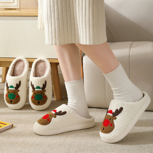 Christmas Reindeer Cotton Slippers for Couples - Cute Cartoon Design, Non-Slip, and Warm for Autumn and Winter