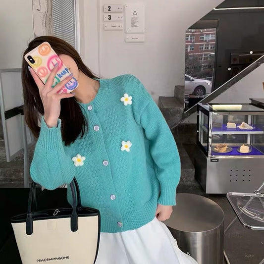 Flower sweater sweater female loose \u6175 lazy spring and autumn new cute day round neck short knit jacket coat